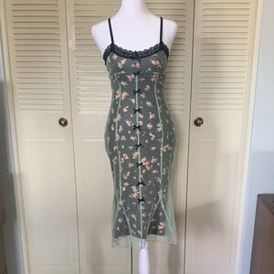 Green Floral Lace-Trim Slip with Black Accents